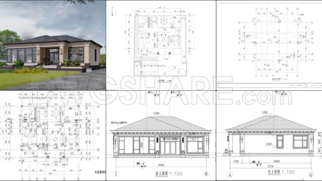 792. Download Free 1-story House Design Cad Drawing (14.5m X 13.1m)
